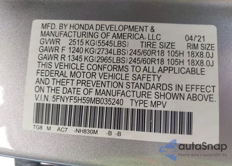 2021 Honda Pilot 2Wd Ex-L z USA, uszkodzony, nr VIN 5FNYF5H59MB035240